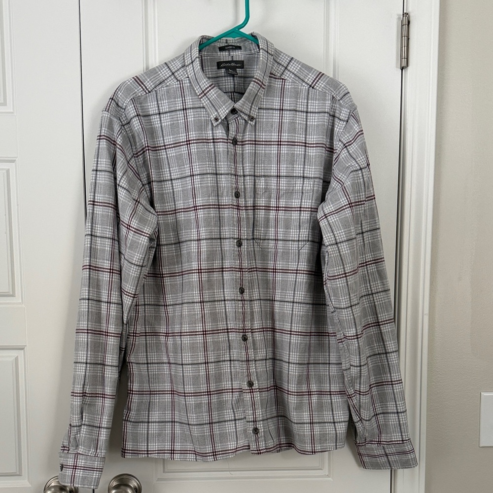 Eddie Bauer Gray and Burgundy Plaid Button-Down Shirt